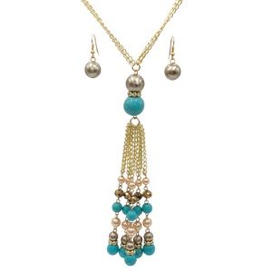 🔴 CLEARANCE Long Turquoise Brown Beaded Tassel Necklace Set